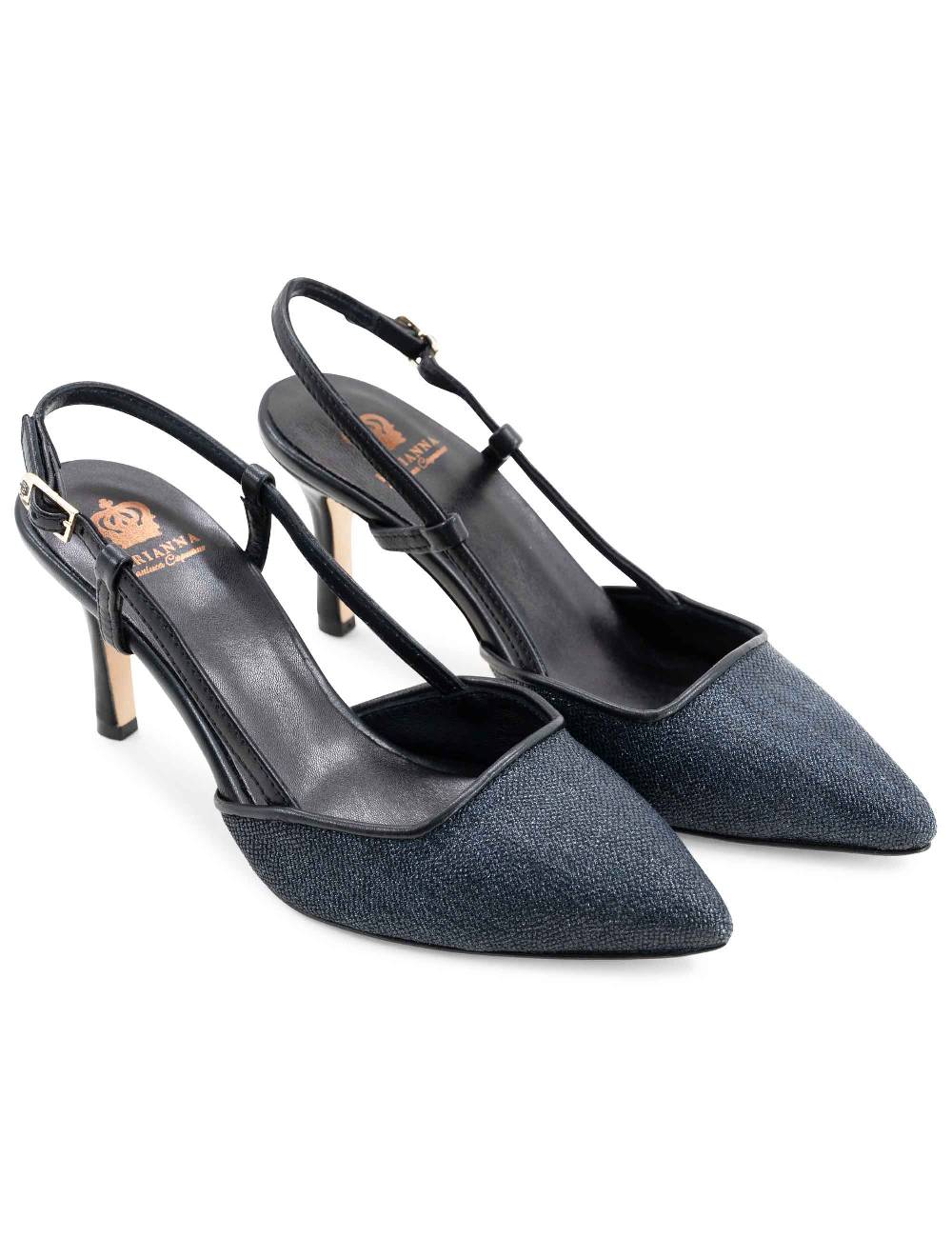 L'ARIANNA decollete slingback ch1725 in tessuto zena dark con cinturino e tacco in pelle nera Spedizione Gratuita