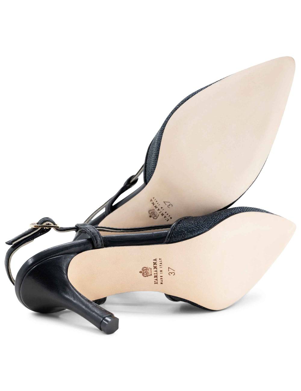 L'ARIANNA decollete slingback ch1725 in tessuto zena dark con cinturino e tacco in pelle nera Spedizione Gratuita