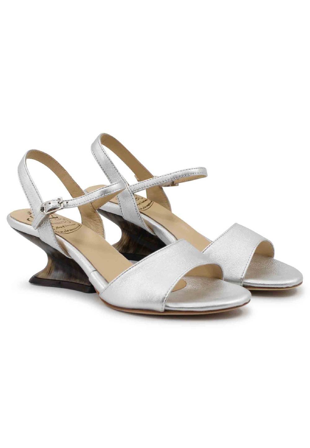 L'ARIANNA Sandali donna in pelle laminata argento con zeppa bassa Italy