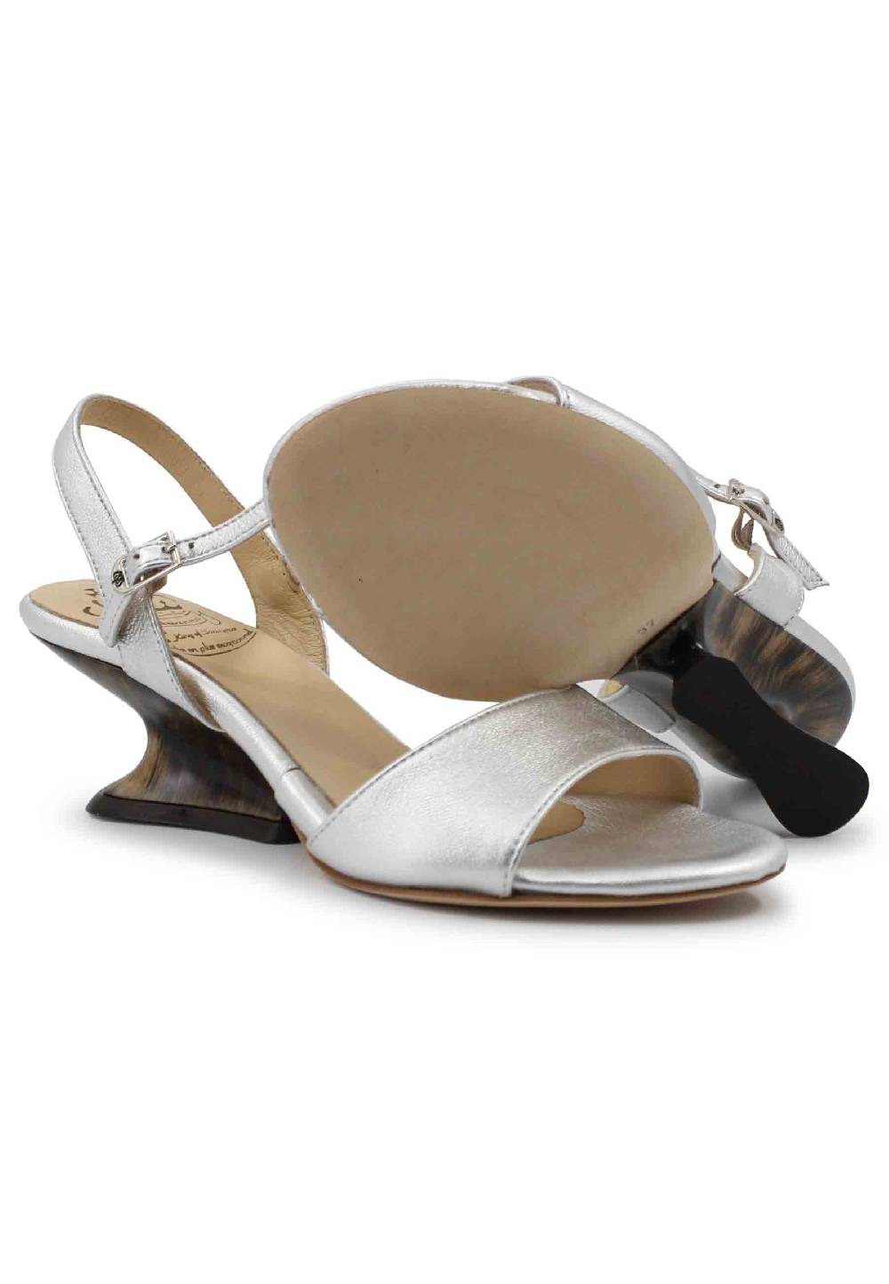 L'ARIANNA Sandali donna in pelle laminata argento con zeppa bassa Italy