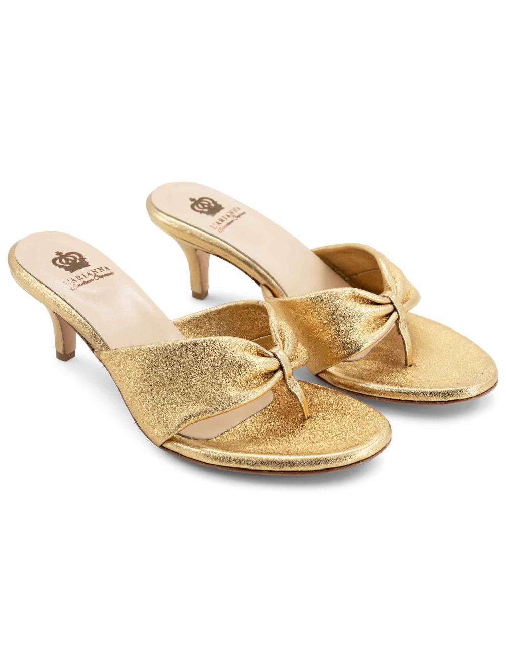 L'ARIANNA Sandali ds7048 donna in pelle lamin oro con tacco basso Nuova