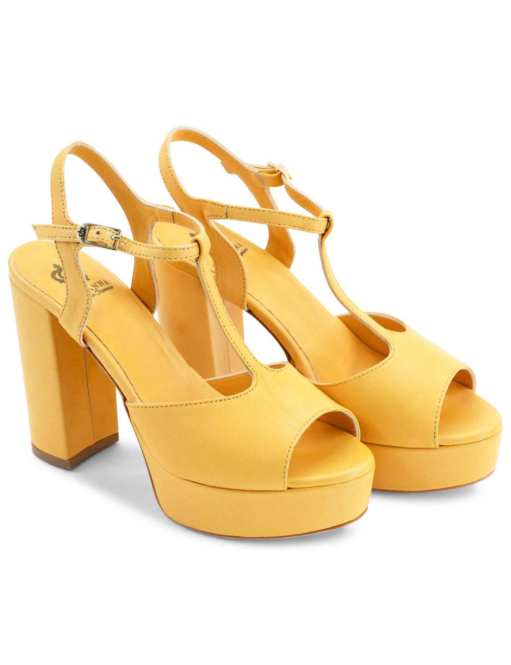L'ARIANNA Sandali ds7010 donna in pelle color giallo con cinturino tacco alto e plateau 2025