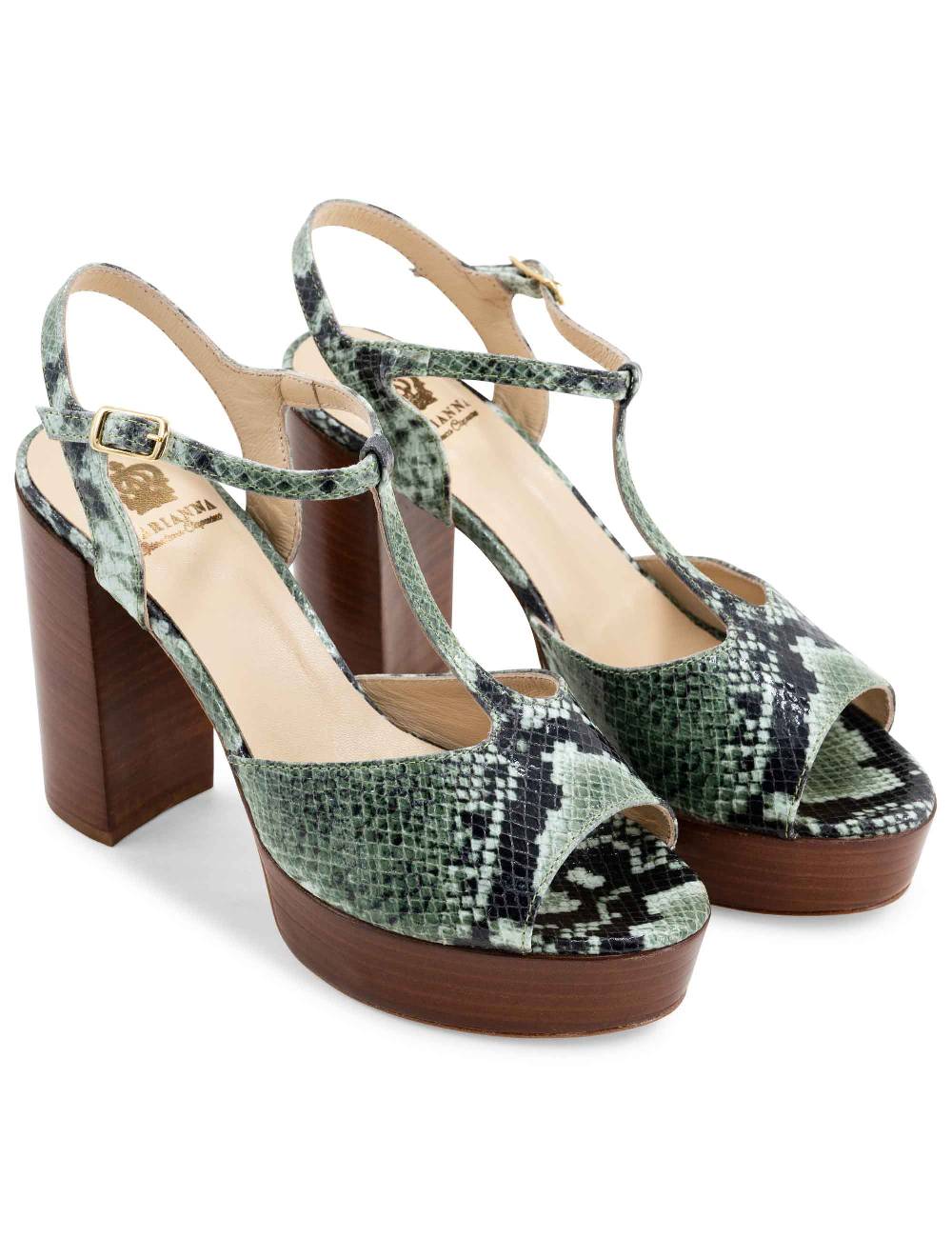 L'ARIANNA Sandali ds7010 donna in pelle stampata verde con cinturino tacco alto e plateau Italy