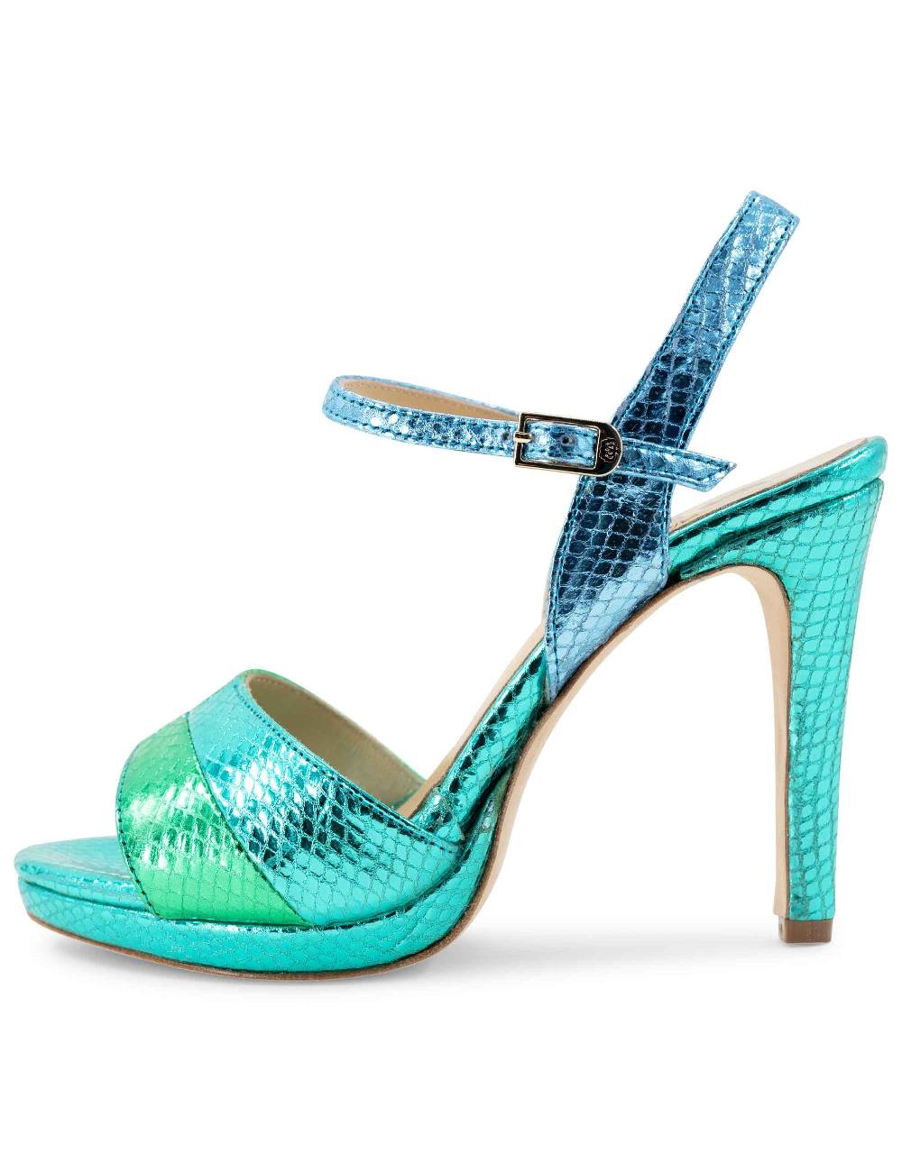 L'ARIANNA Sandali ds1643 da donna in pelle laminata rettile verde e azzurra con tacco alto e platò, con cinturino alla caviglia Qualità