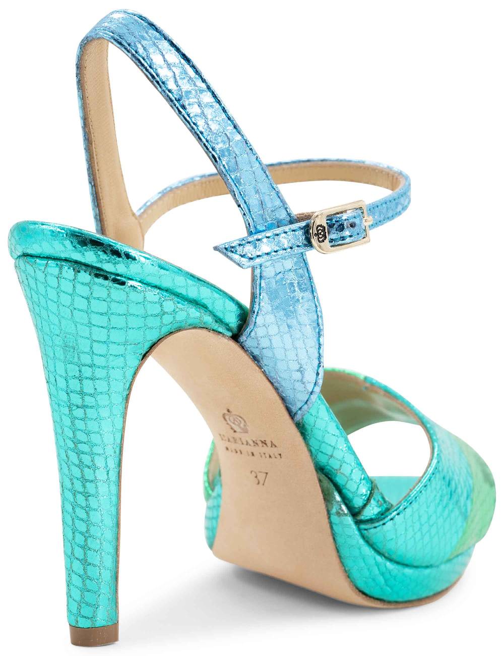 L'ARIANNA Sandali ds1643 da donna in pelle laminata rettile verde e azzurra con tacco alto e platò, con cinturino alla caviglia Qualità