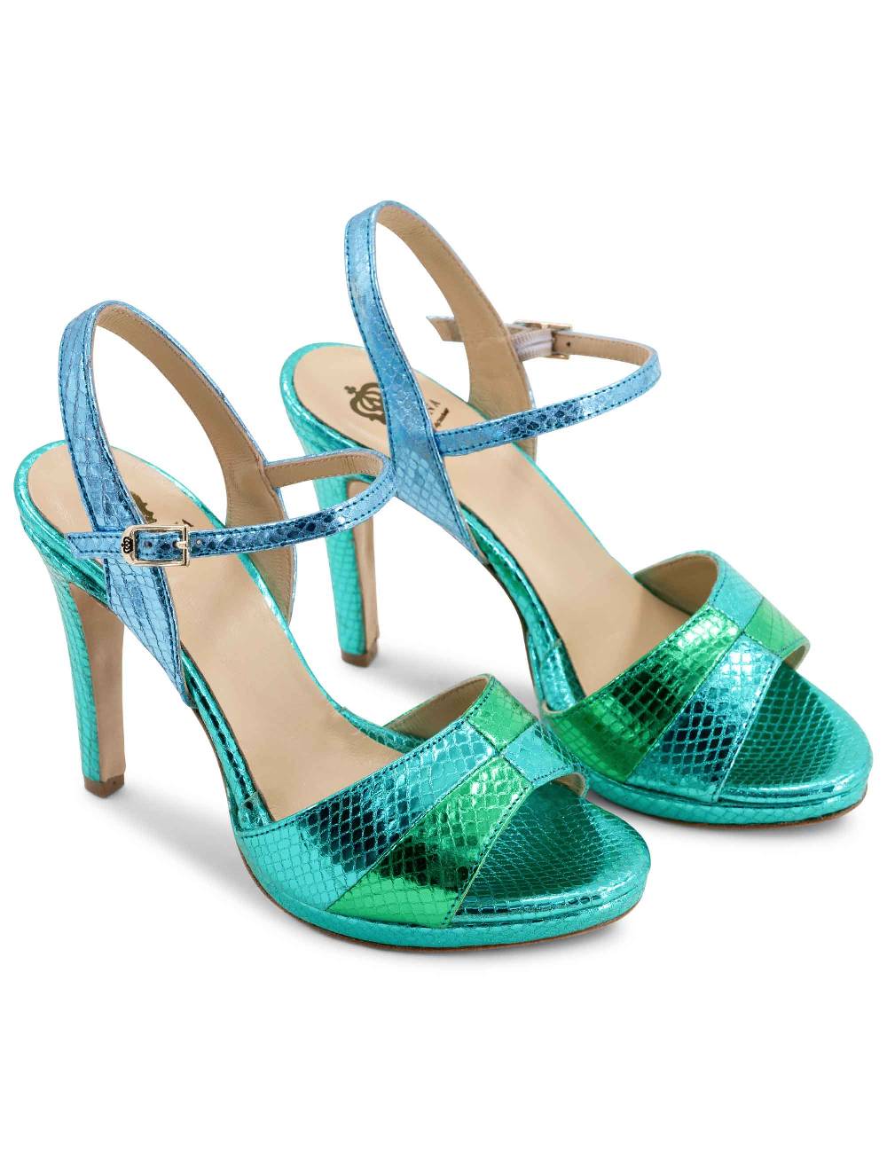 L'ARIANNA Sandali ds1643 da donna in pelle laminata rettile verde e azzurra con tacco alto e platò, con cinturino alla caviglia Qualità