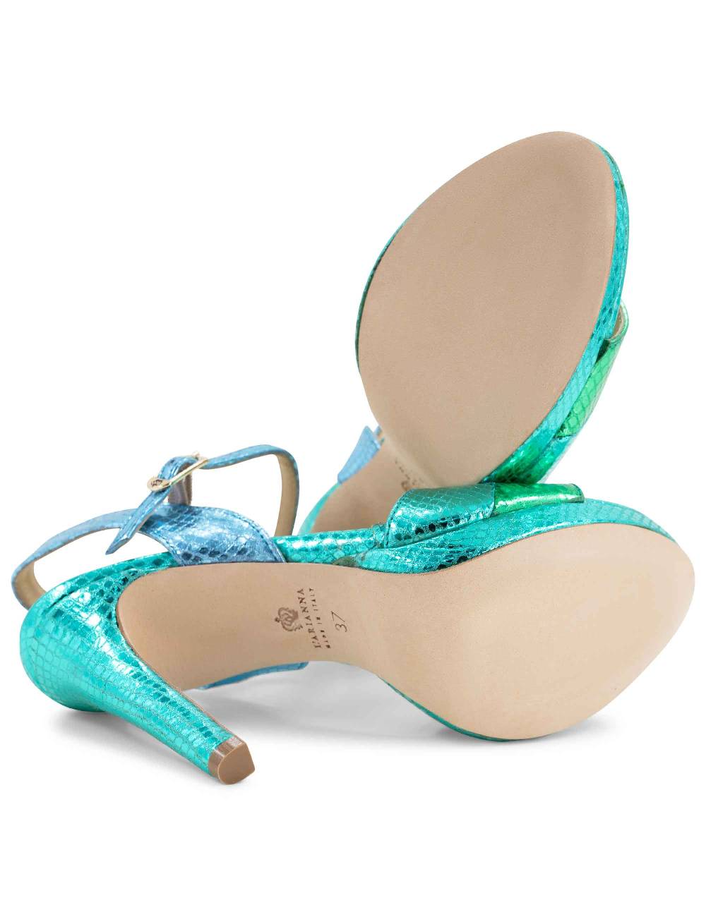 L'ARIANNA Sandali ds1643 da donna in pelle laminata rettile verde e azzurra con tacco alto e platò, con cinturino alla caviglia Qualità