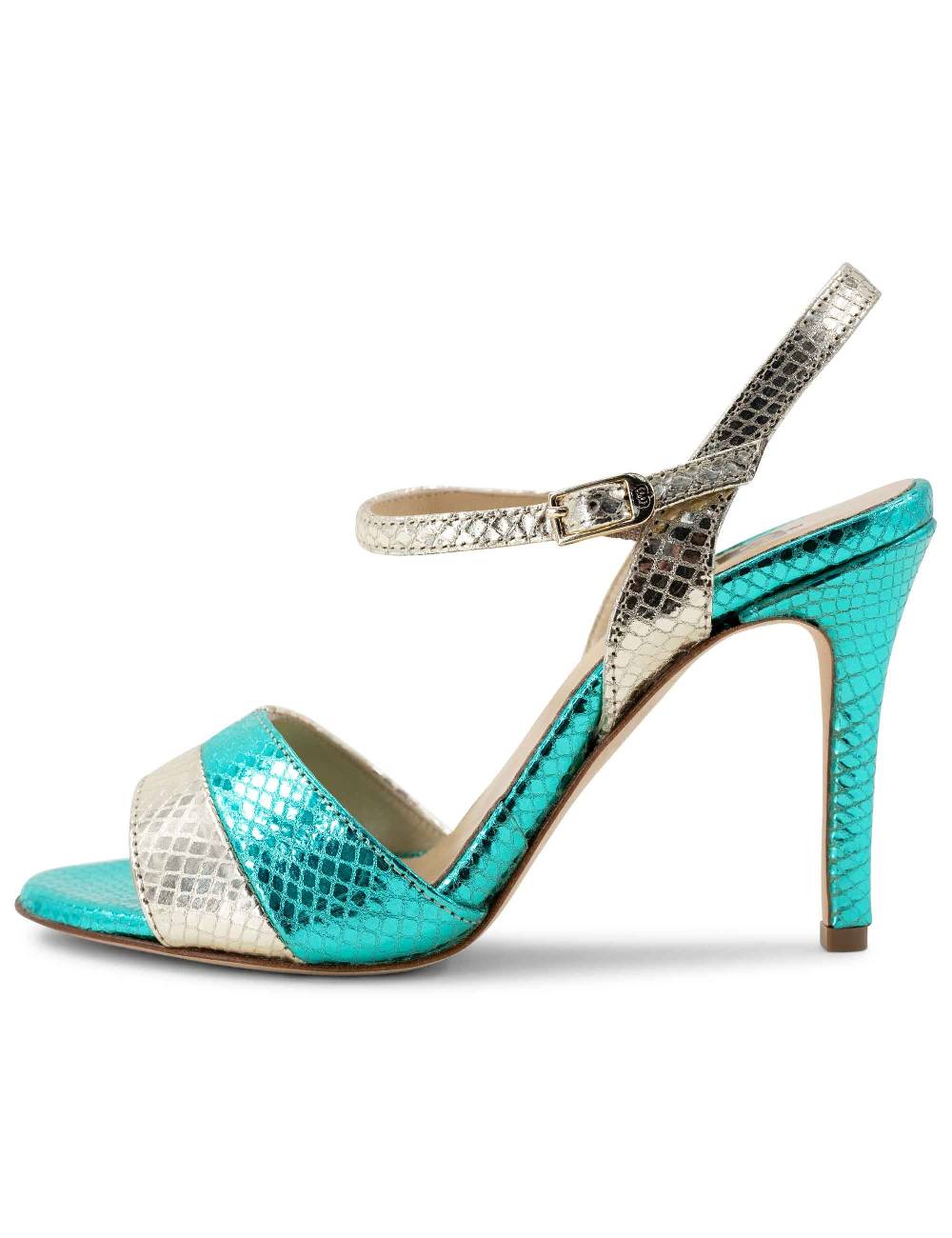 L'ARIANNA Sandali ds1643 da donna in pelle laminata rettile verde e argento con tacco alto e con cinturino alla caviglia Vendita
