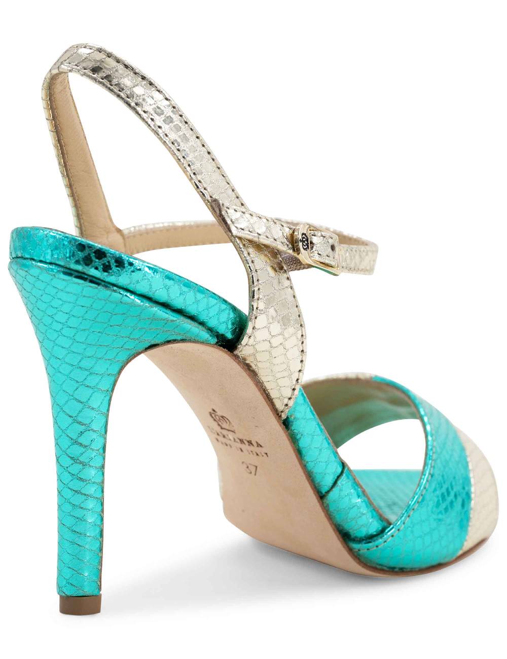 L'ARIANNA Sandali ds1643 da donna in pelle laminata rettile verde e argento con tacco alto e con cinturino alla caviglia Vendita