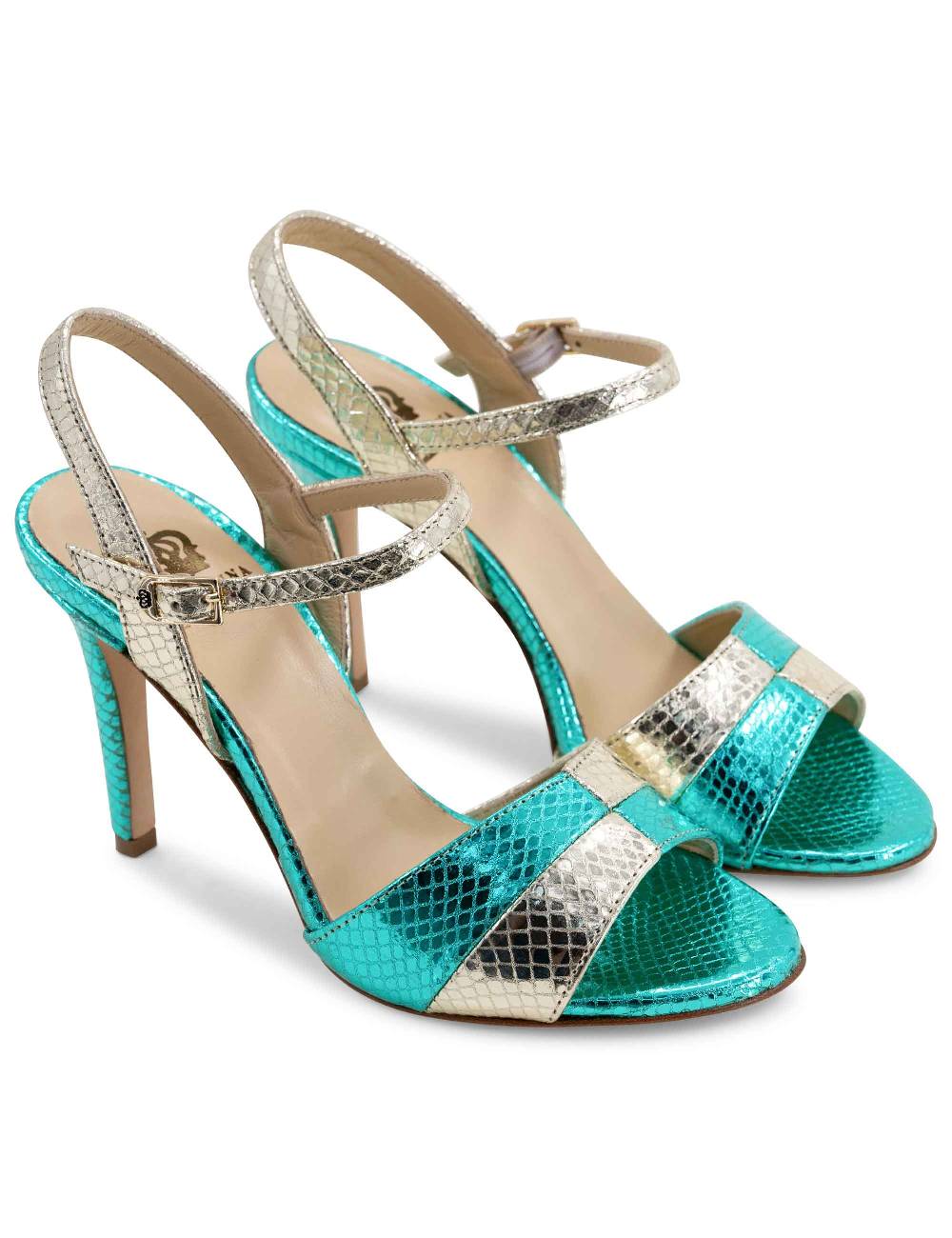 L'ARIANNA Sandali ds1643 da donna in pelle laminata rettile verde e argento con tacco alto e con cinturino alla caviglia Vendita