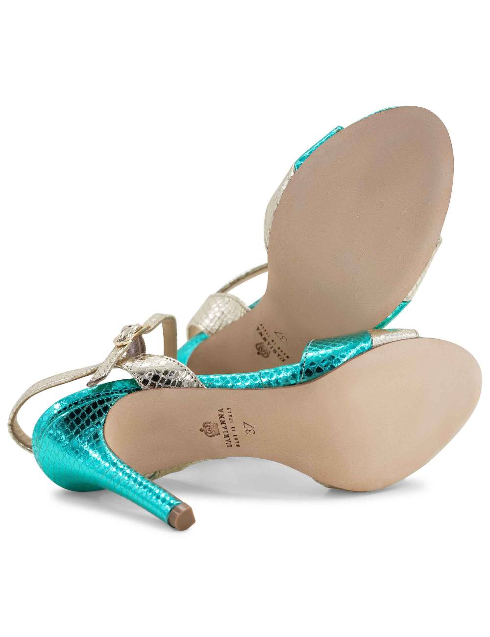 L'ARIANNA Sandali ds1643 da donna in pelle laminata rettile verde e argento con tacco alto e con cinturino alla caviglia Vendita