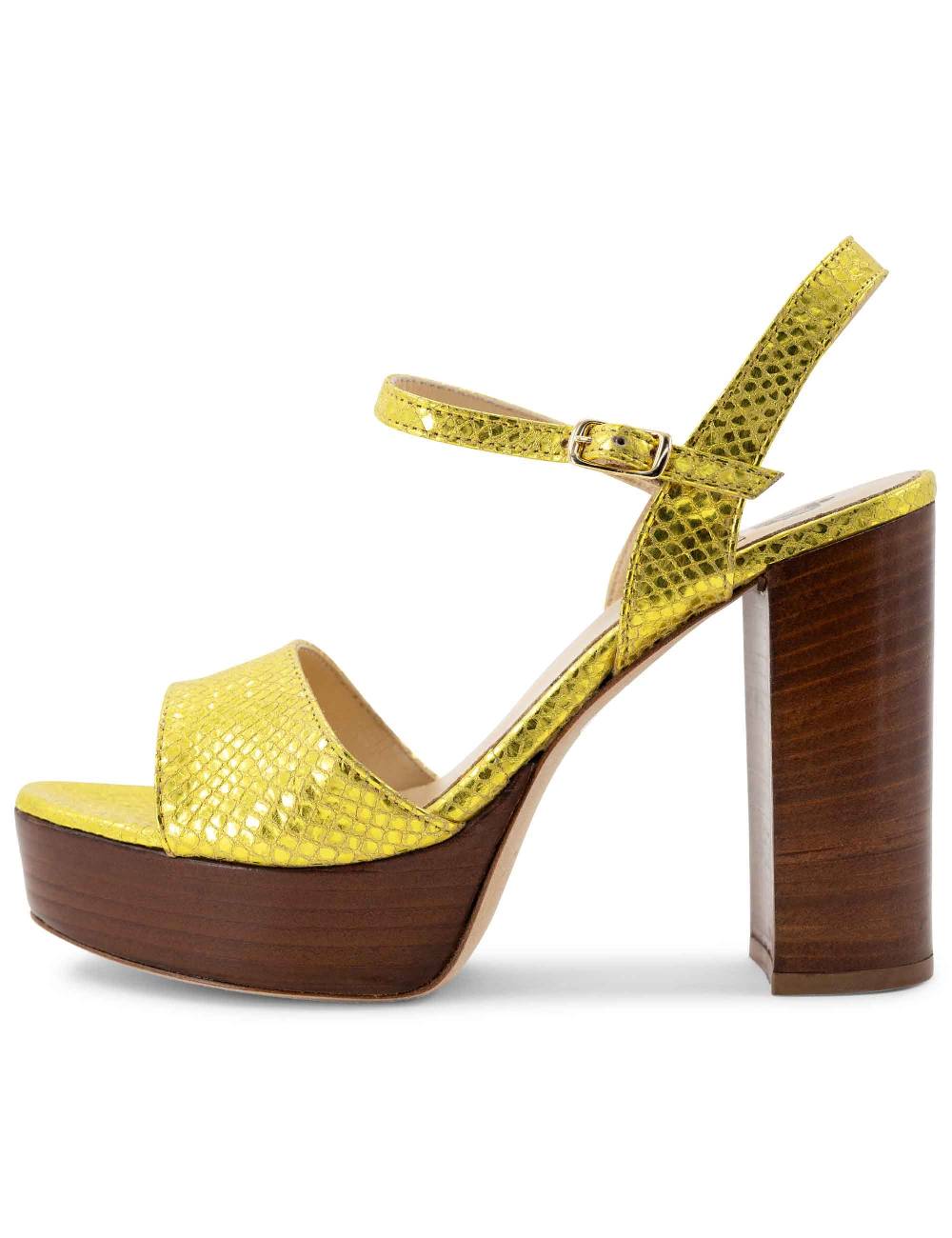 L'ARIANNA Sandali DS1610 donna in pelle stampata laminata giallo con tacco alto e plateau Pezzi Unici