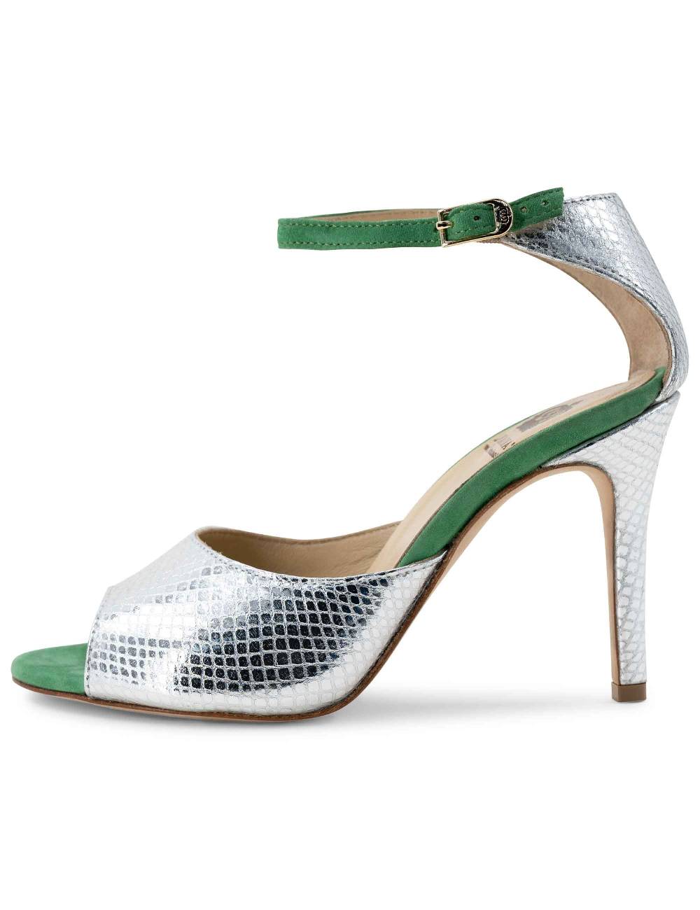 L'ARIANNA Sandali DS1518 donna in pelle laminata jeans effetto rettile e camoscio verde con tacco alto e cinturino alla caviglia L'Arianna Negozi Online