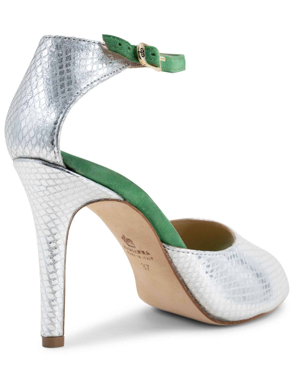 L'ARIANNA Sandali DS1518 donna in pelle laminata jeans effetto rettile e camoscio verde con tacco alto e cinturino alla caviglia L'Arianna Negozi Online