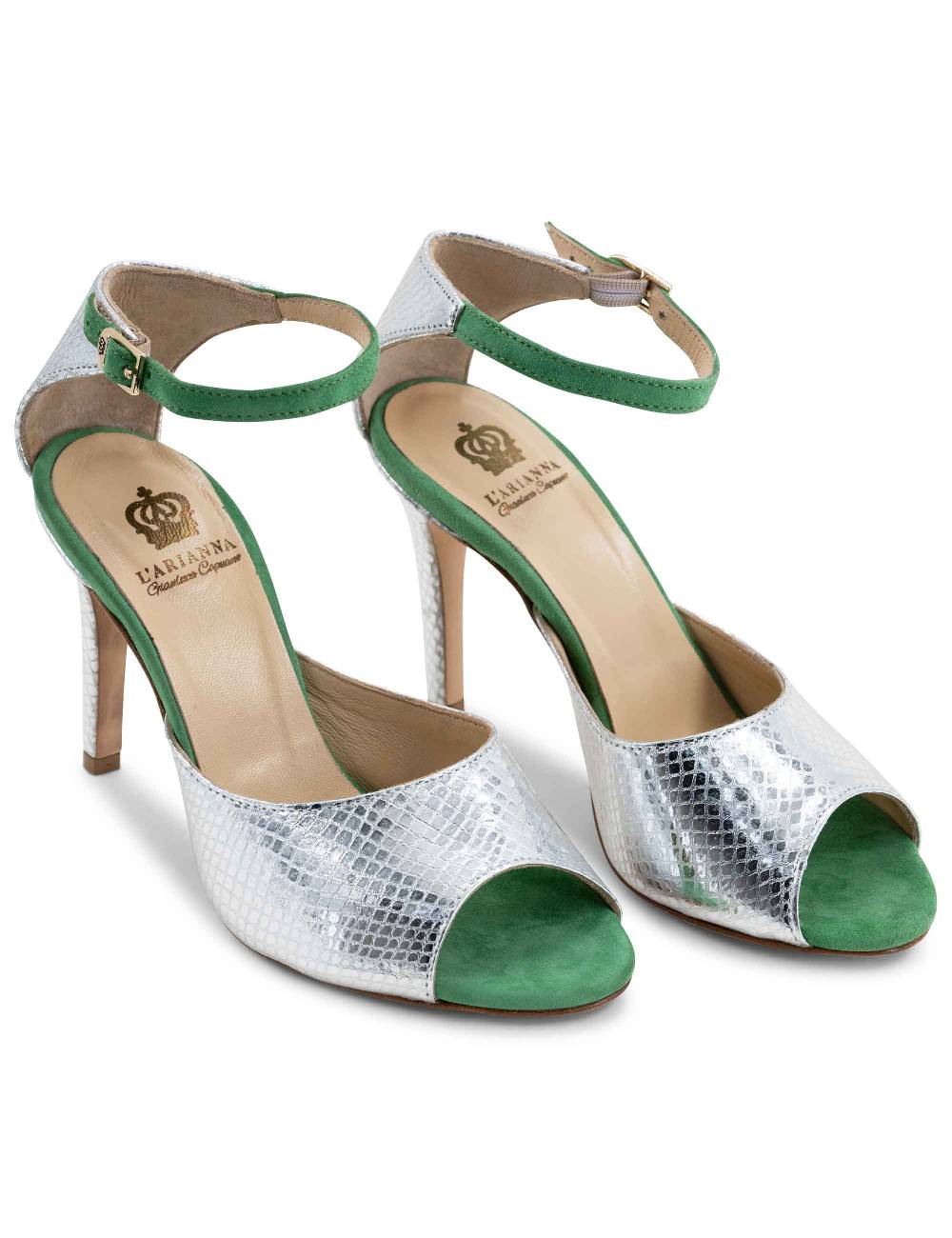 L'ARIANNA Sandali DS1518 donna in pelle laminata jeans effetto rettile e camoscio verde con tacco alto e cinturino alla caviglia L'Arianna Negozi Online