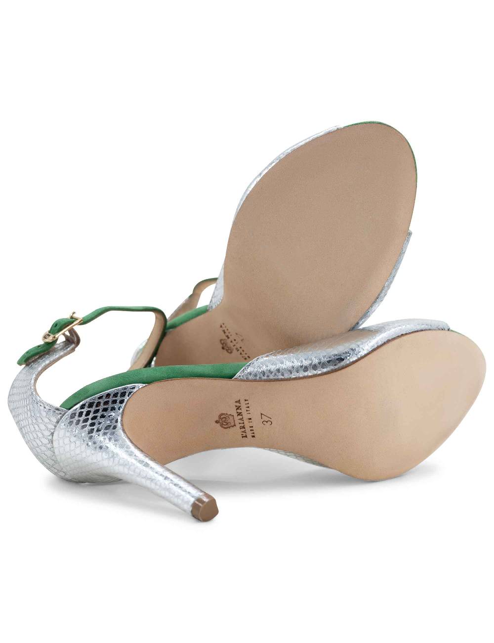 L'ARIANNA Sandali DS1518 donna in pelle laminata jeans effetto rettile e camoscio verde con tacco alto e cinturino alla caviglia L'Arianna Negozi Online