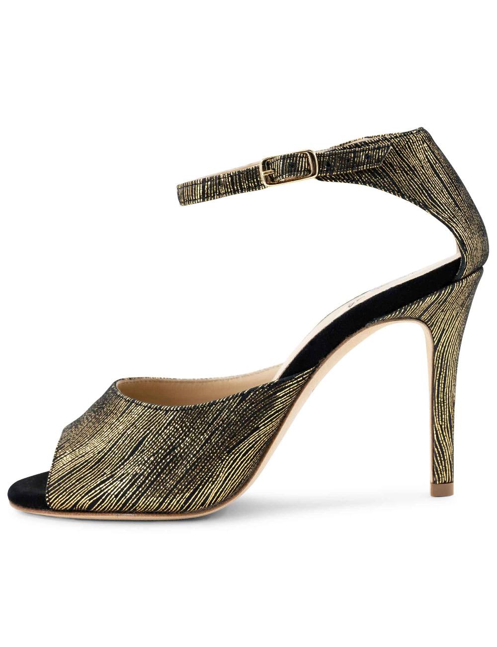 L'ARIANNA Sandali DS1518 donna in camoscio nero e lucry oro con tacco alto e cinturino alla caviglia L'Arianna Acquista Ora