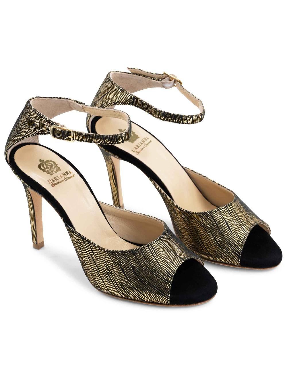 L'ARIANNA Sandali DS1518 donna in camoscio nero e lucry oro con tacco alto e cinturino alla caviglia L'Arianna Acquista Ora