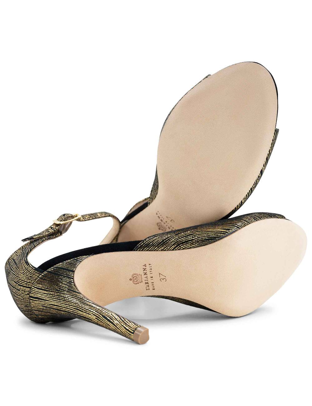 L'ARIANNA Sandali DS1518 donna in camoscio nero e lucry oro con tacco alto e cinturino alla caviglia L'Arianna Acquista Ora