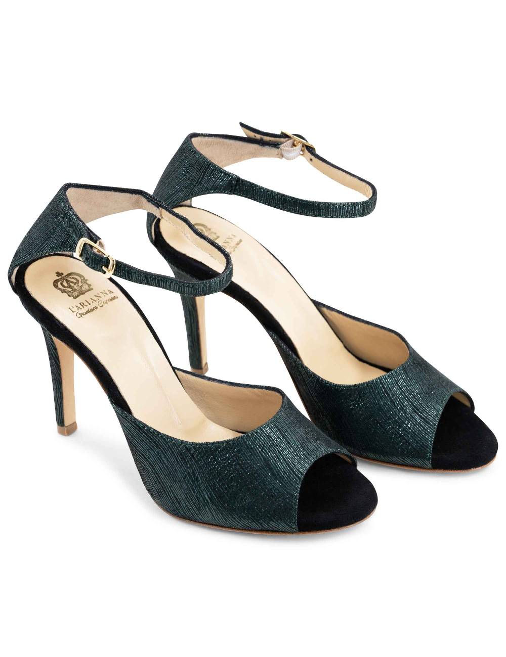 L'ARIANNA Sandali DS1518 donna in camoscio nero e lucry verde con tacco alto e cinturino alla caviglia L'Arianna Consegna Veloce