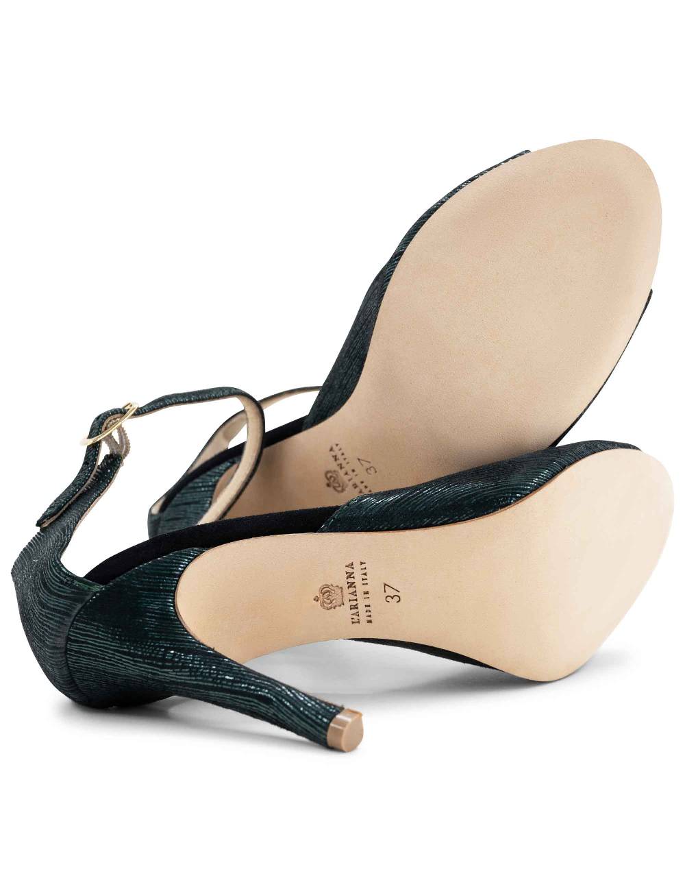 L'ARIANNA Sandali DS1518 donna in camoscio nero e lucry verde con tacco alto e cinturino alla caviglia L'Arianna Consegna Veloce