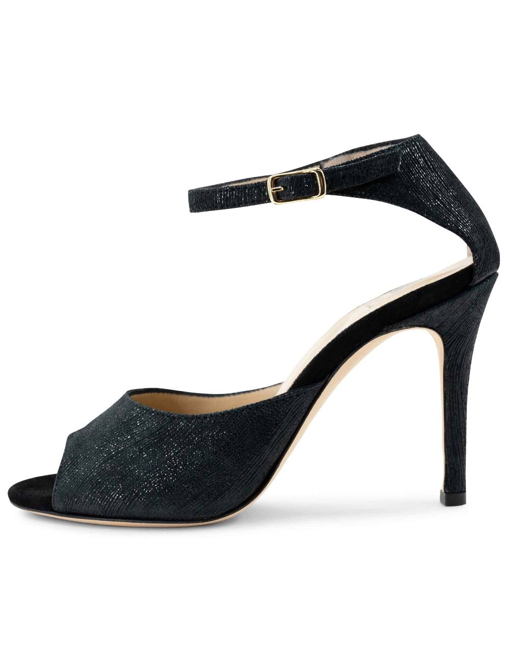 L'ARIANNA Sandali DS1518 donna in camoscio nero e lucry nero con tacco alto e cinturino alla caviglia L'Arianna Promozione Limitata