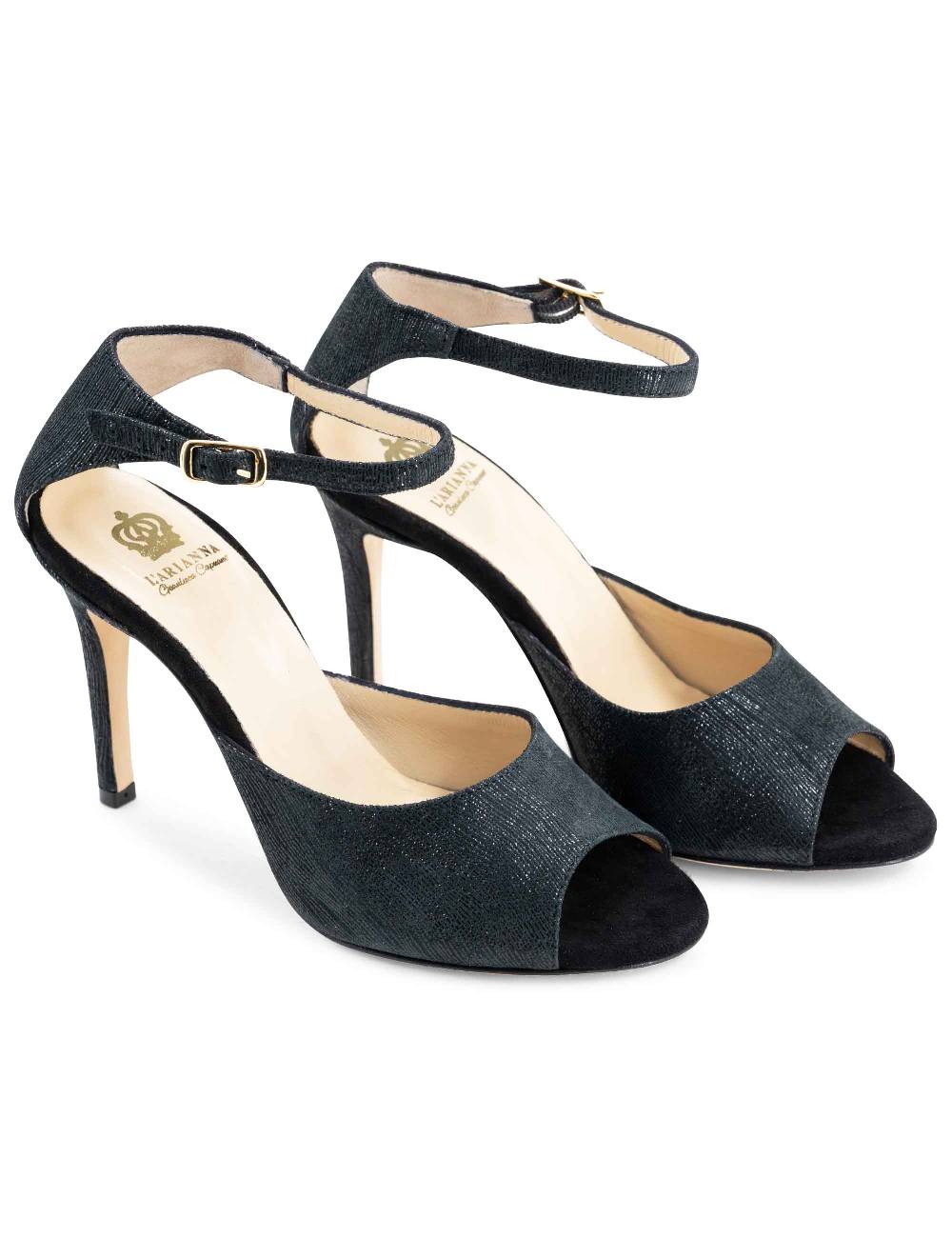 L'ARIANNA Sandali DS1518 donna in camoscio nero e lucry nero con tacco alto e cinturino alla caviglia L'Arianna Promozione Limitata