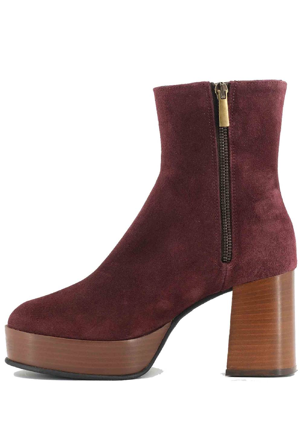 L'ARIANNA Stivaletti TR1556 in camoscio bordeaux con tacco alto e plateau con zip laterale di chiusura Nuova