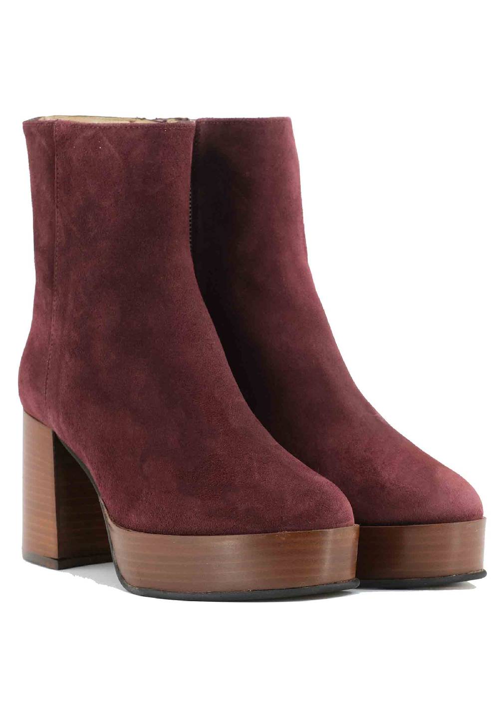 L'ARIANNA Stivaletti TR1556 in camoscio bordeaux con tacco alto e plateau con zip laterale di chiusura Nuova