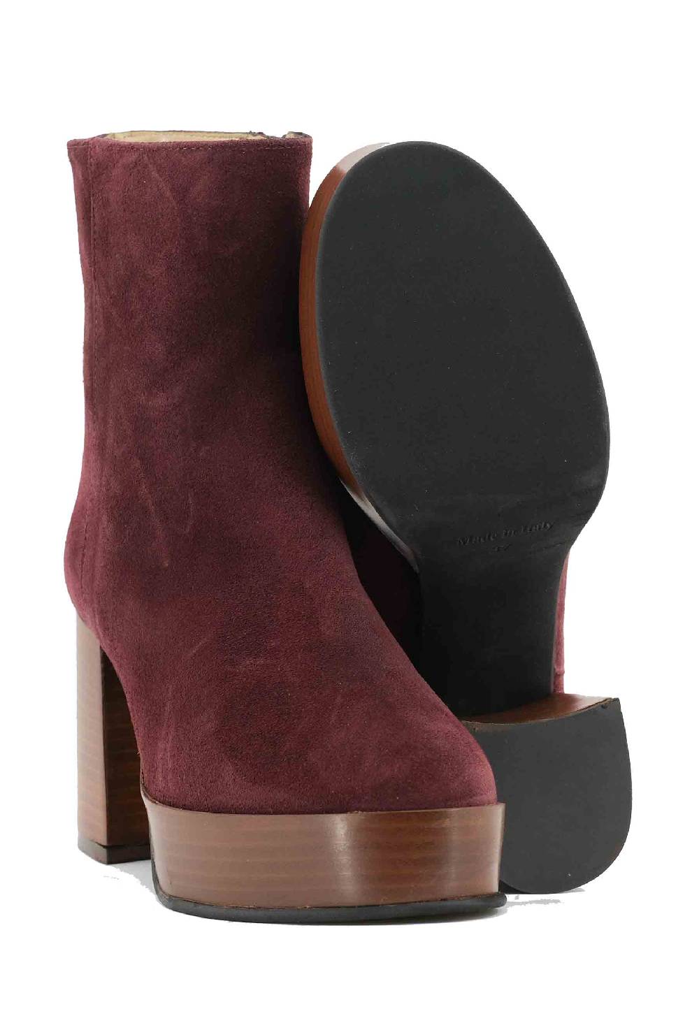 L'ARIANNA Stivaletti TR1556 in camoscio bordeaux con tacco alto e plateau con zip laterale di chiusura Nuova