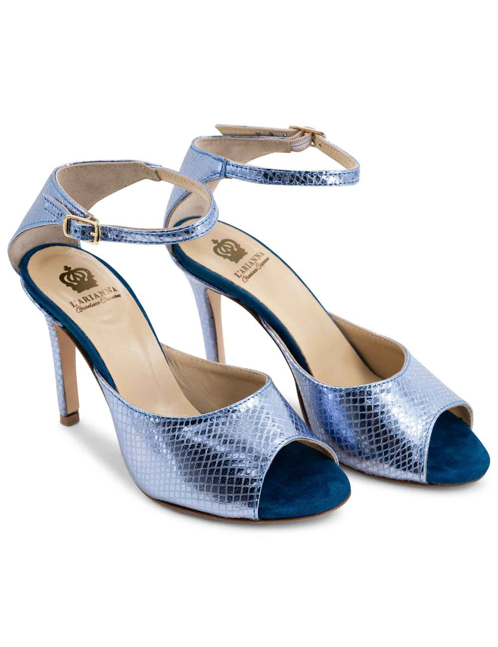 L'ARIANNA Sandali DS1518 donna in pelle laminata jeans effetto rettile e camoscio oceano con tacco alto e cinturino alla caviglia L'Arianna Shopping Online
