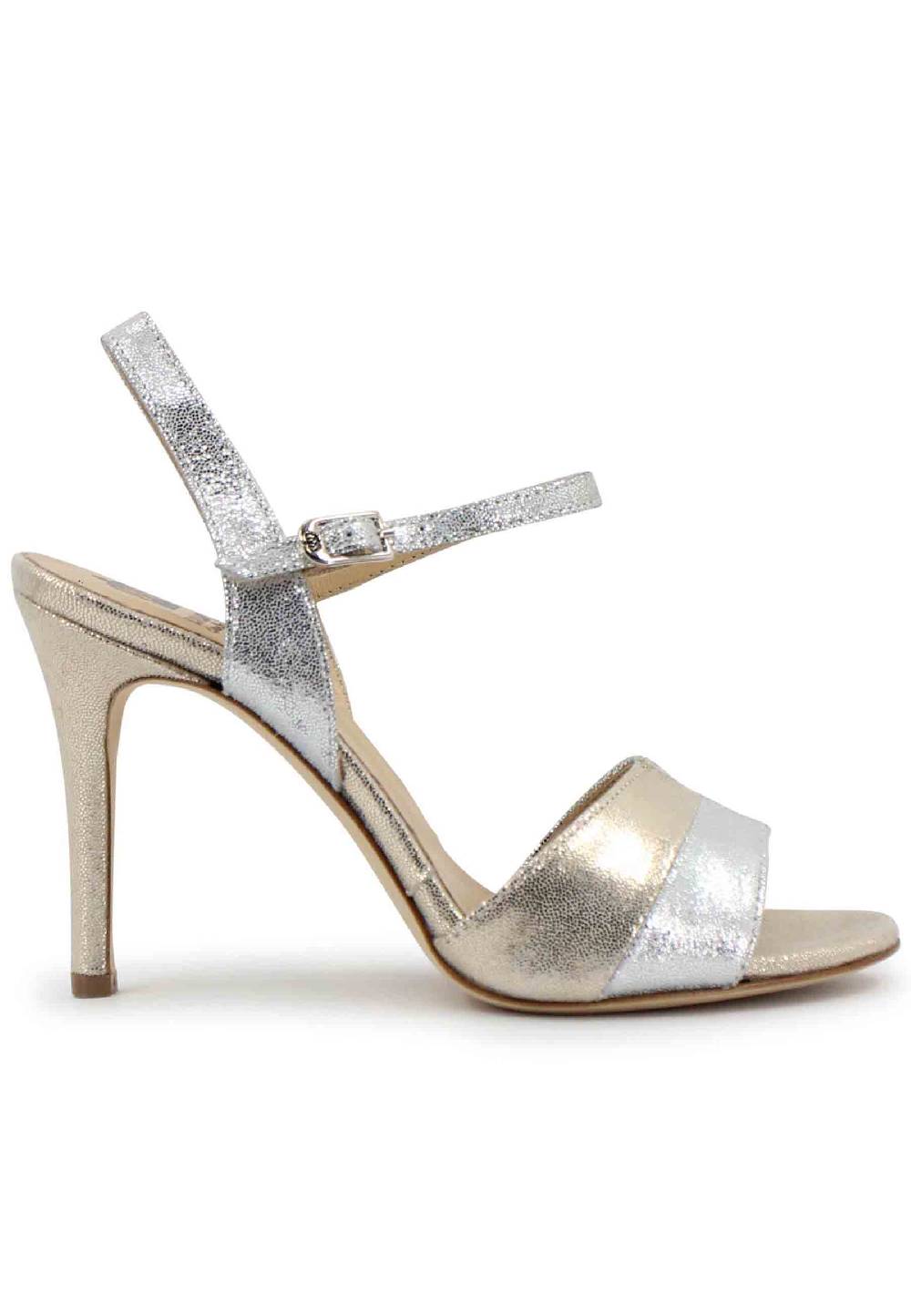 L'ARIANNA Sandali ds1643 da donna in pelle laminata argento con tacco alto e cinturino alla caviglia