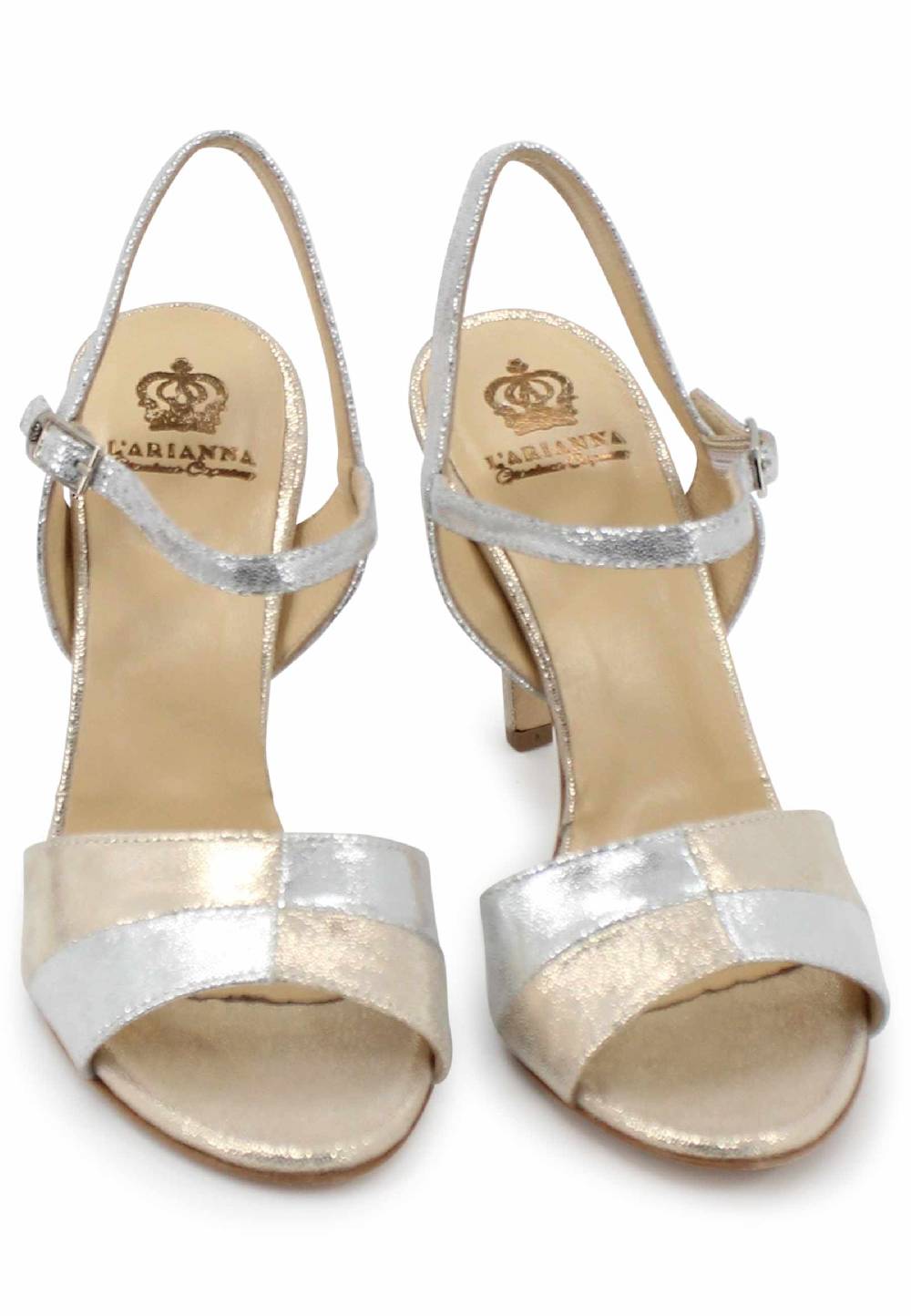 L'ARIANNA Sandali ds1643 da donna in pelle laminata argento con tacco alto e cinturino alla caviglia Saldi Di Fabbrica