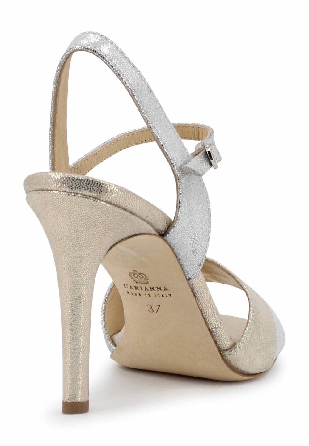 L'ARIANNA Sandali ds1643 da donna in pelle laminata argento con tacco alto e cinturino alla caviglia Saldi Di Fabbrica