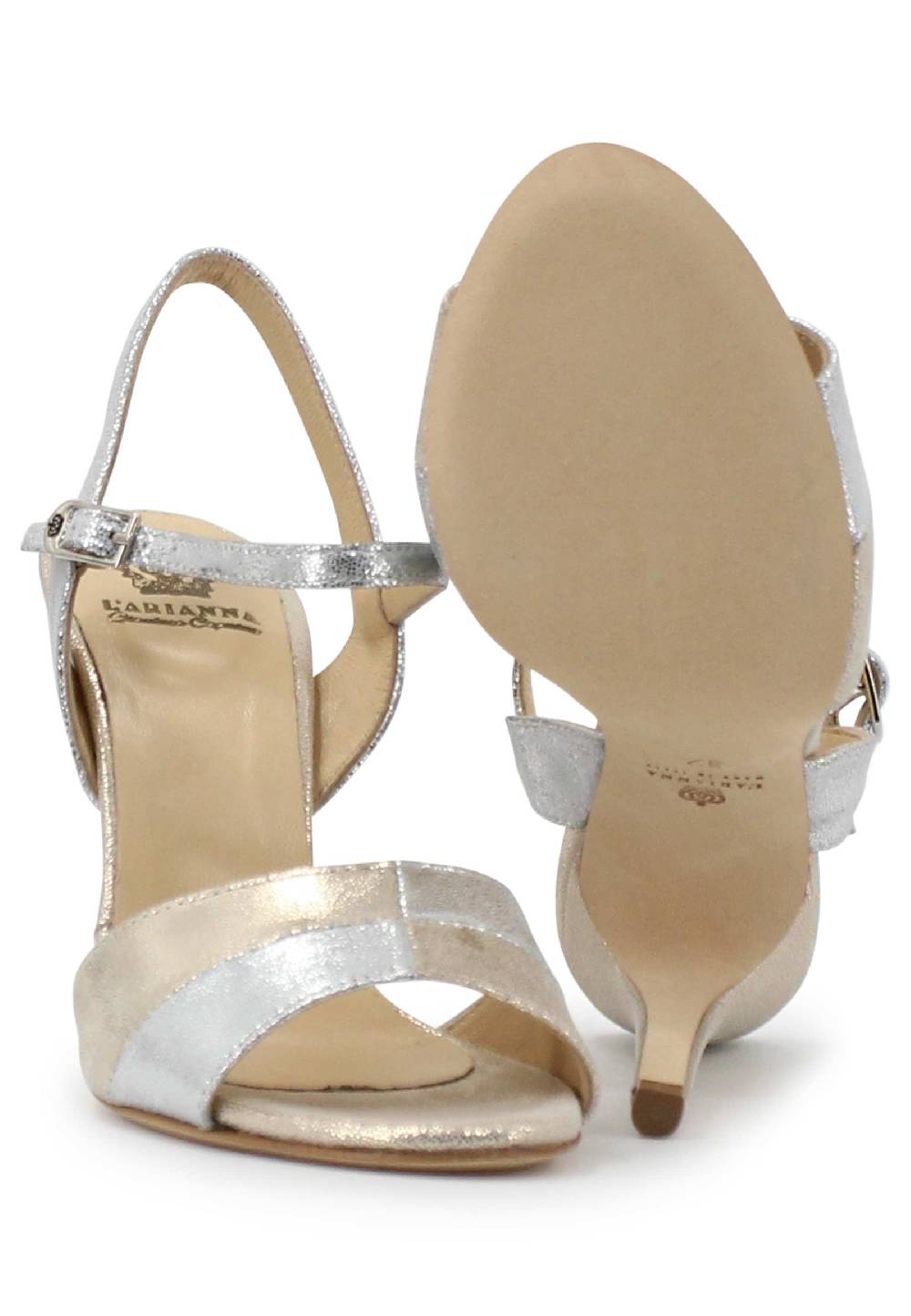 L'ARIANNA Sandali ds1643 da donna in pelle laminata argento con tacco alto e cinturino alla caviglia Saldi Di Fabbrica