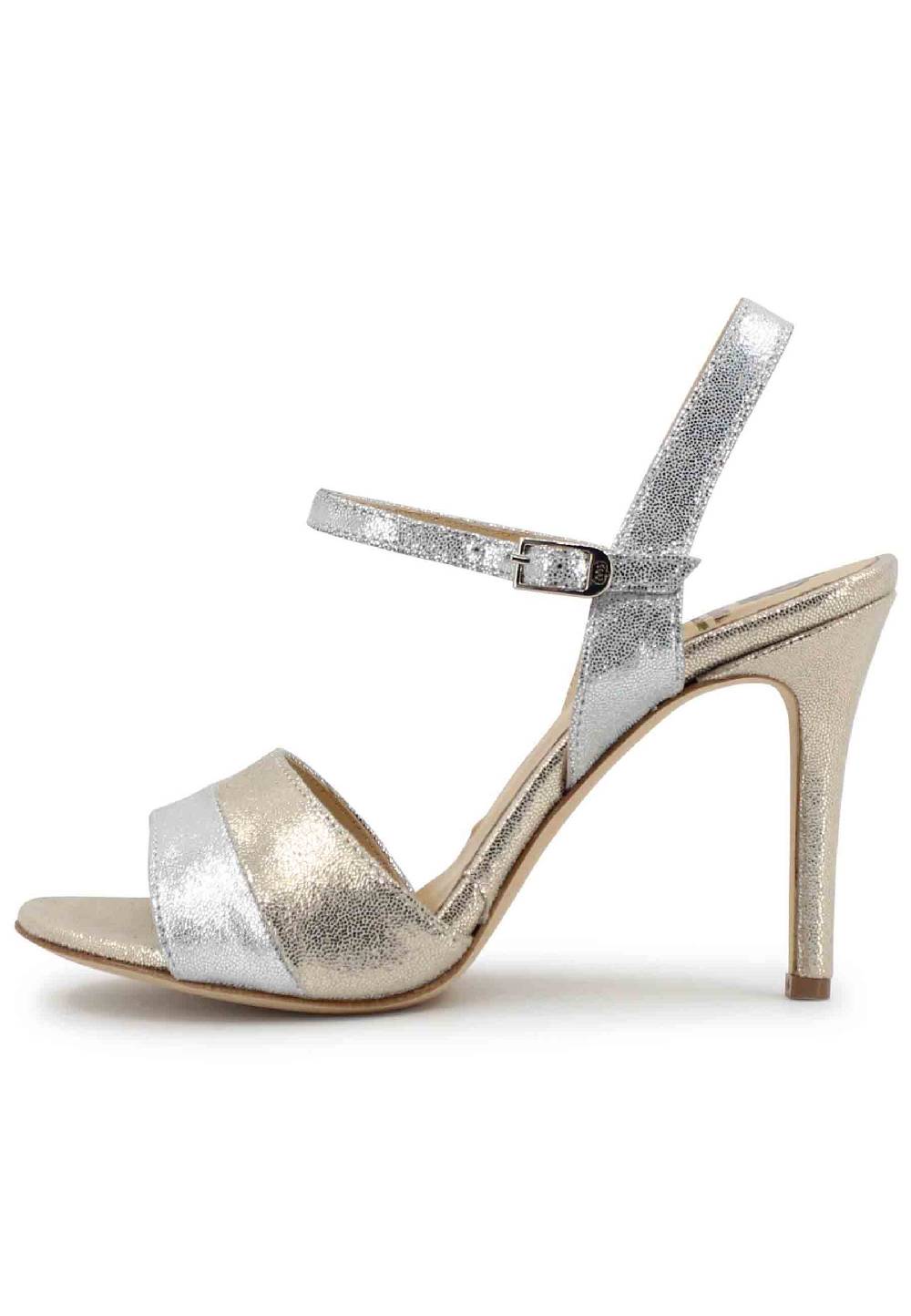 L'ARIANNA Sandali ds1643 da donna in pelle laminata argento con tacco alto e cinturino alla caviglia Saldi Di Fabbrica