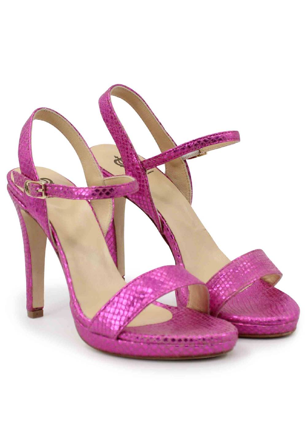 L'ARIANNA Sandali ds7054donna in pelle laminata fuxia effetto serpente con tacco alto e cinturino alla caviglia Nuova