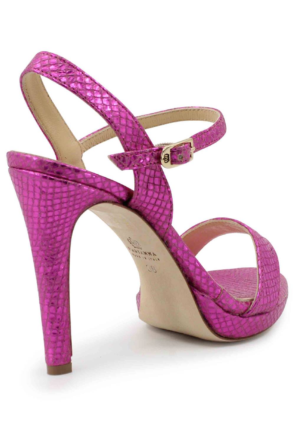 L'ARIANNA Sandali ds7054donna in pelle laminata fuxia effetto serpente con tacco alto e cinturino alla caviglia Nuova