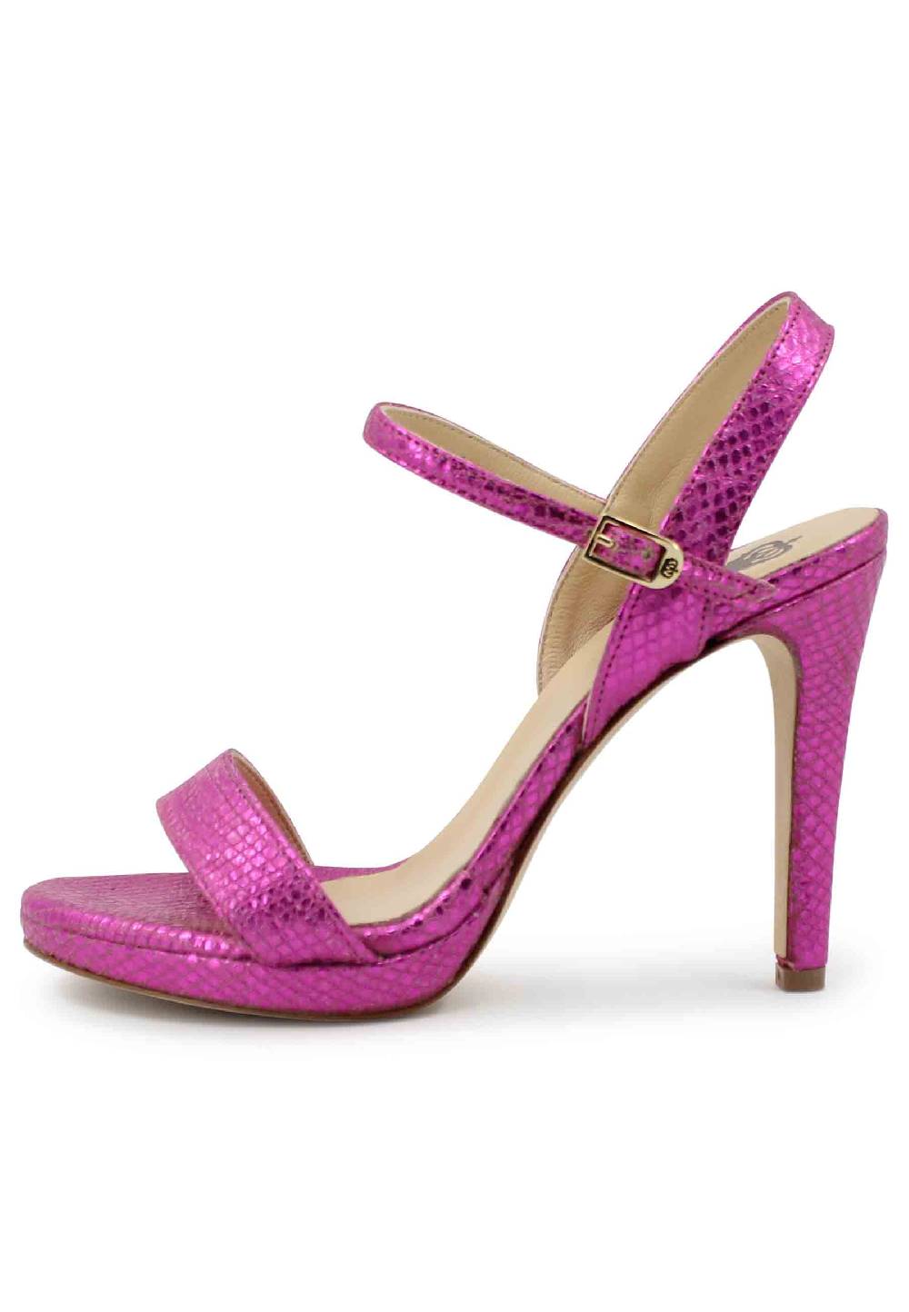 L'ARIANNA Sandali ds7054donna in pelle laminata fuxia effetto serpente con tacco alto e cinturino alla caviglia Nuova