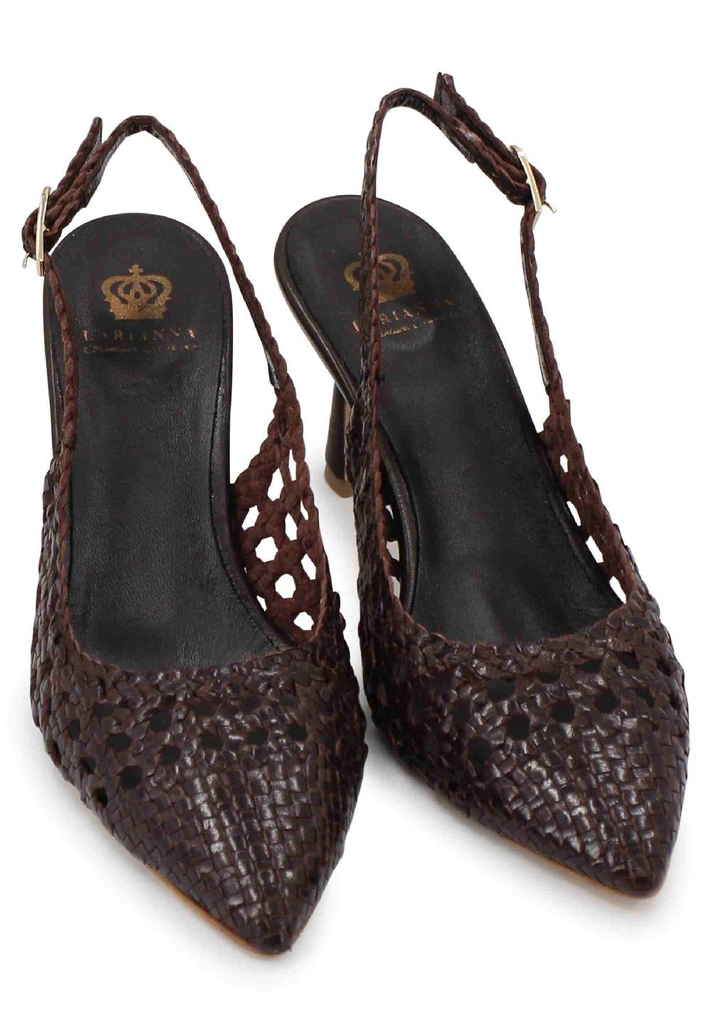 L'ARIANNA Decollete slingback in pelle intrecciata marrone tacco alto Consegna Veloce
