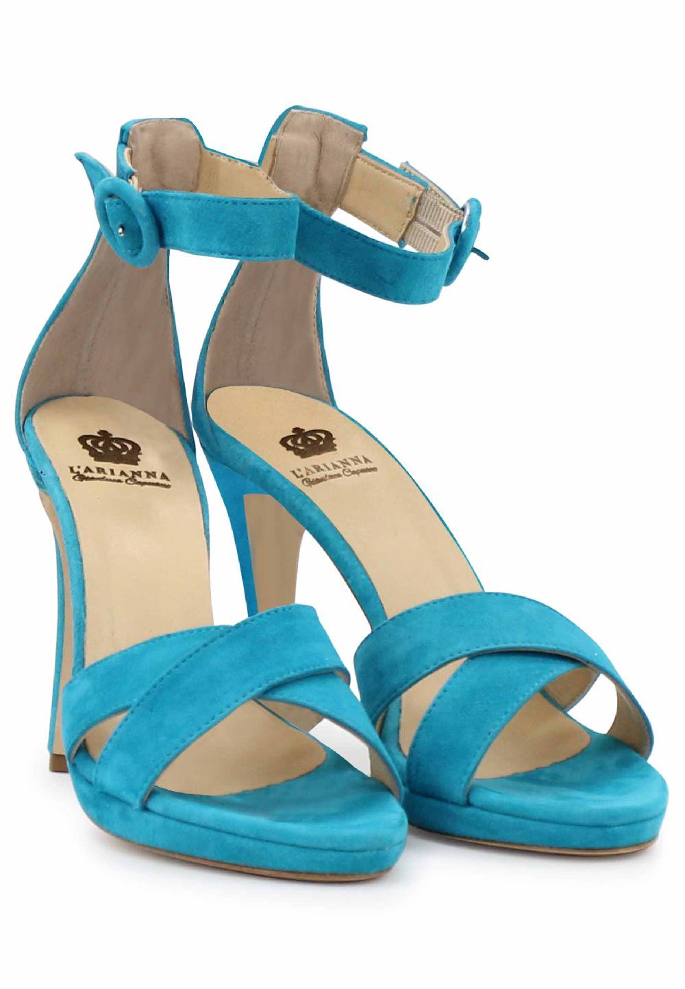 L'ARIANNA Sandali DS1507 donna in pelle azzurra con tacco alto e cinturino alla caviglia Promozione Limitata