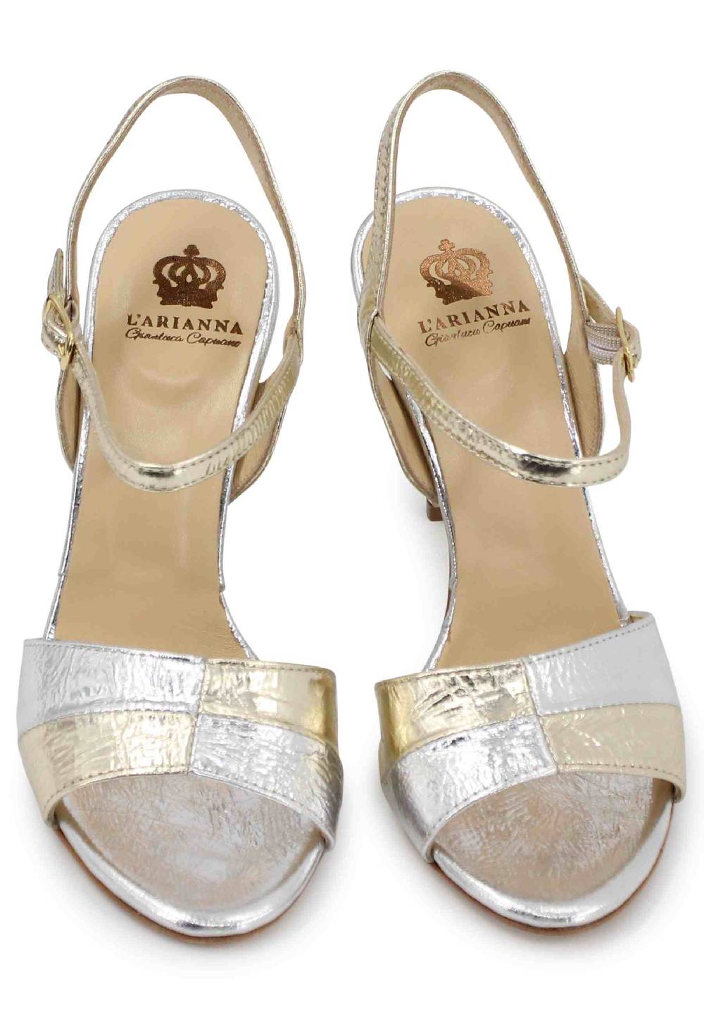L'ARIANNA Sandali ds1643 da donna in pelle laminata oro con tacco alto e cinturino alla caviglia Sottocosto