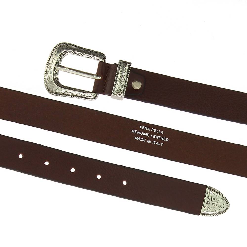 Lartigiano Del Cuoio Cintura in pelle marrone scuro con fibbia e puntale in metallo inciso Shopping Online
