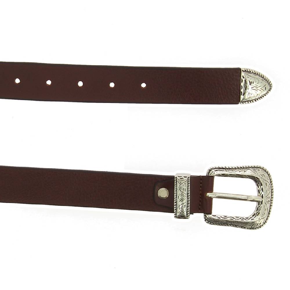 Lartigiano Del Cuoio Cintura in pelle marrone scuro con fibbia e puntale in metallo inciso Shopping Online