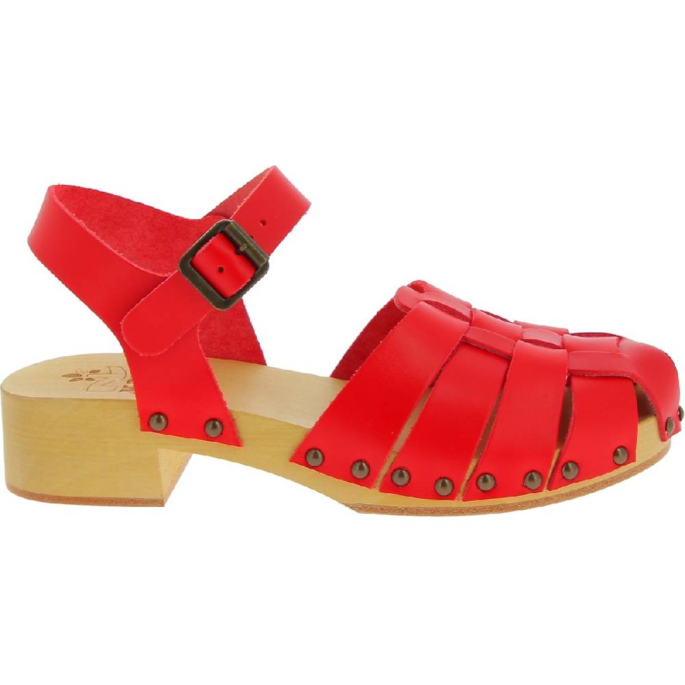 Lartigiano Del Cuoio Zoccoli da donna in legno artigianali con tomaia a gabbia in pelle rossa Shopping Online