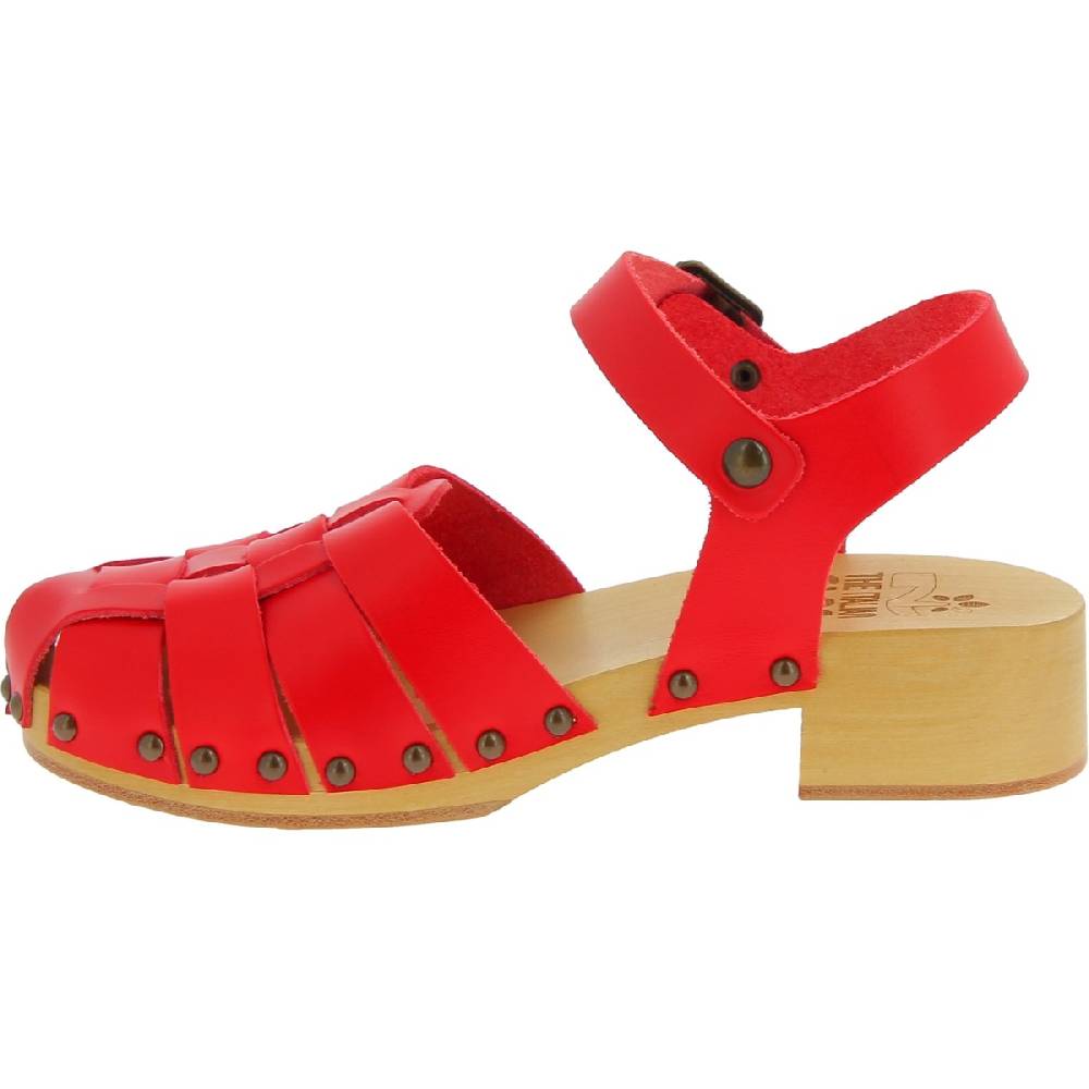 Lartigiano Del Cuoio Zoccoli da donna in legno artigianali con tomaia a gabbia in pelle rossa Shopping Online