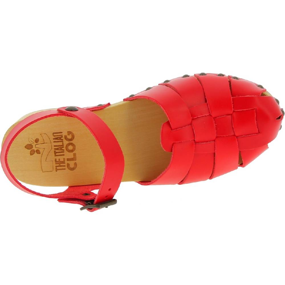 Lartigiano Del Cuoio Zoccoli da donna in legno artigianali con tomaia a gabbia in pelle rossa Shopping Online