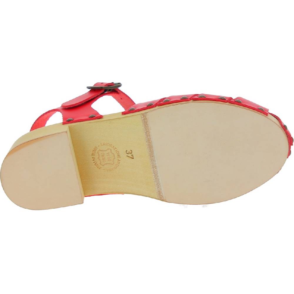 Lartigiano Del Cuoio Zoccoli da donna in legno artigianali con tomaia a gabbia in pelle rossa Shopping Online