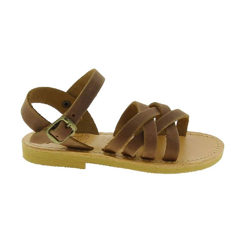 Lartigiano Del Cuoio Sandali intrecciati gladiatore da bambino in pelle nubuck marrone chiusura con fibbia Nuovo
