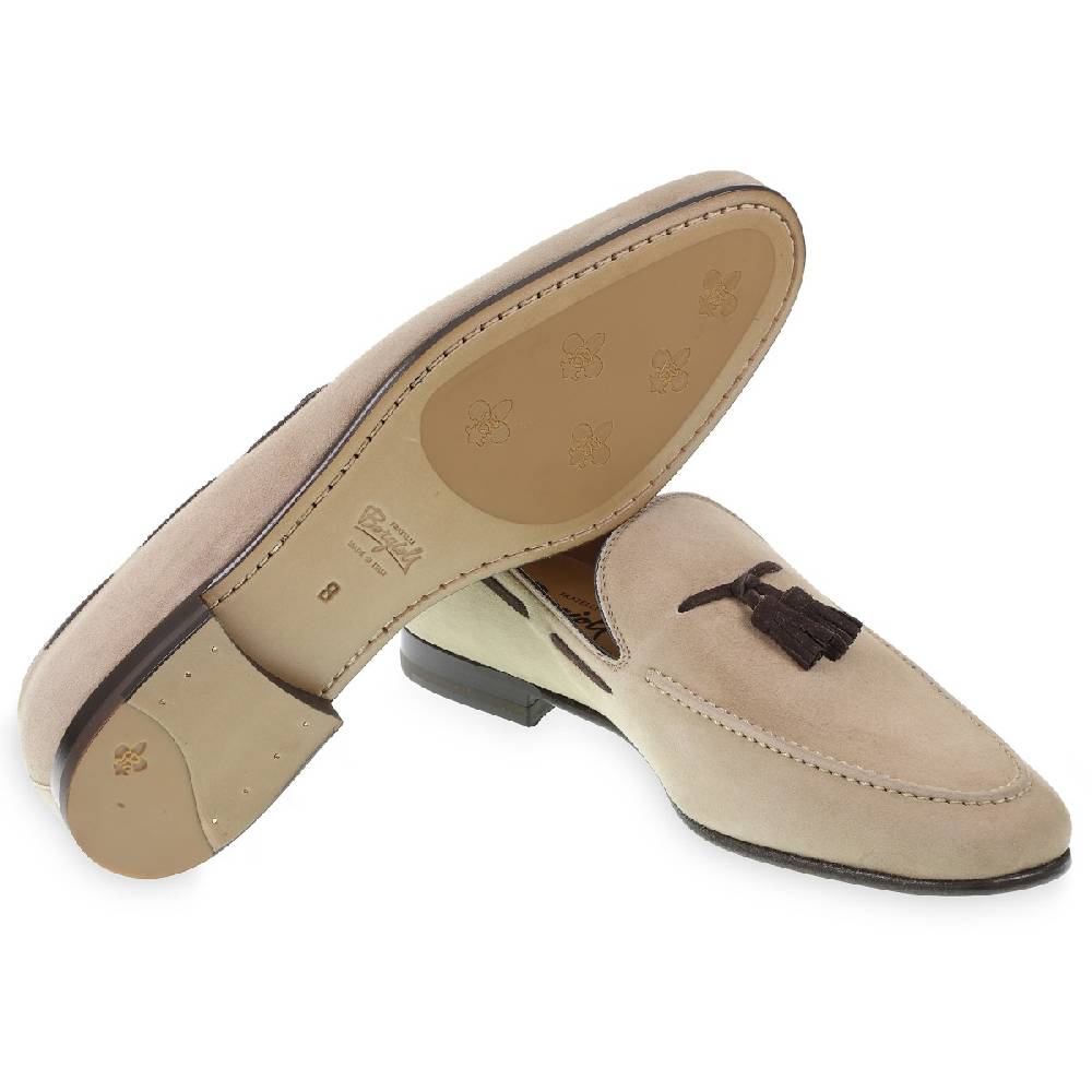 Lartigiano Del Cuoio Mocassino con nappine in pelle di camoscio beige fatto a mano da Fratelli Borgioli Vendita Calda